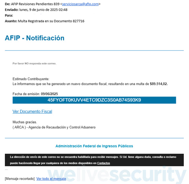 Ejemplo de correo electrónico falso con una supuesta multa de la AFIP o ARCA.