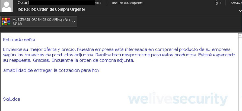 Ejemplo de un correo de distribución de Formbook
