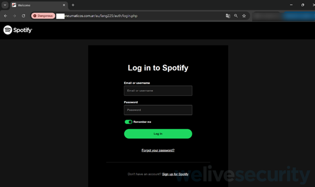 Otro ejemplo de un sitio legítimo que es aprovechado para alojar un sitio falso de Spotify.