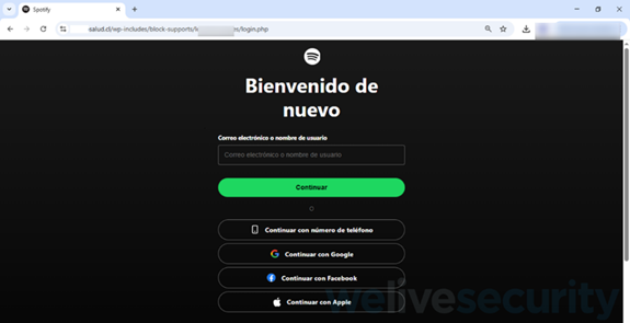 Sitio falso de Spotify alojado en la web de un centro odontológico de Chile.